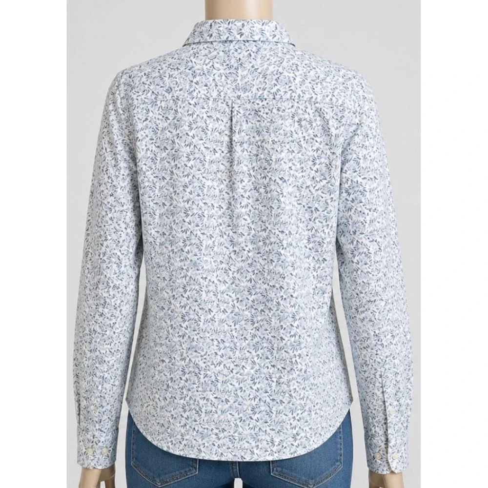 Nautica Womens Large Blue White Floral Leaf Print Button Down Shirt Classic Fit
